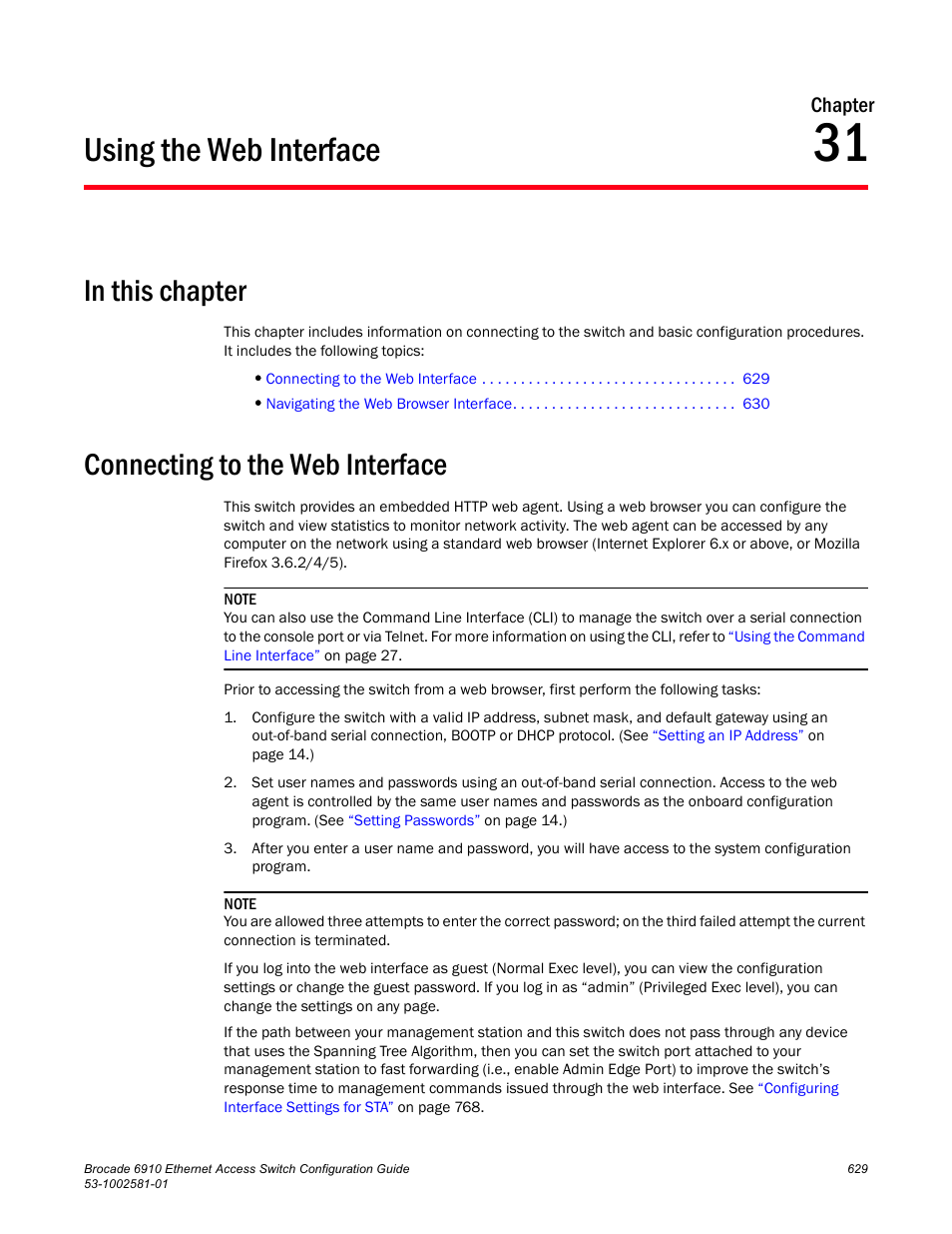 Using the web interface, In this chapter, Connecting to the web interface | Chapter 31 | Brocade Communications Systems Brocate Ethernet Access Switch 6910 User Manual | Page 679 / 1200