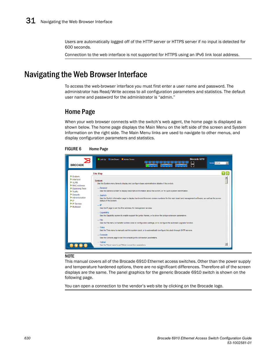 Navigating the web browser interface, Figure 6, Home page | Brocade Communications Systems Brocate Ethernet Access Switch 6910 User Manual | Page 680 / 1200