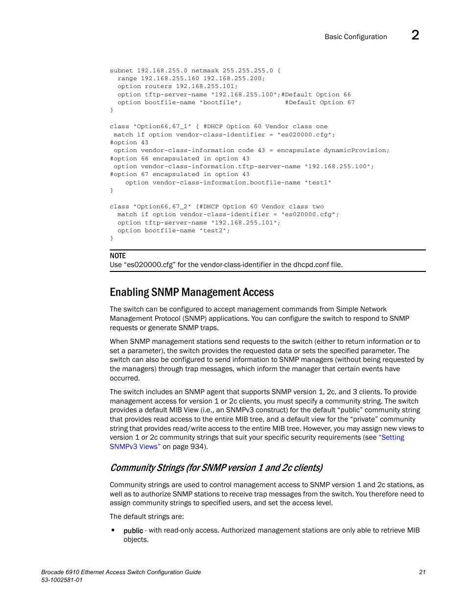 Enabling snmp management access | Brocade Communications Systems Brocate Ethernet Access Switch 6910 User Manual | Page 71 / 1200