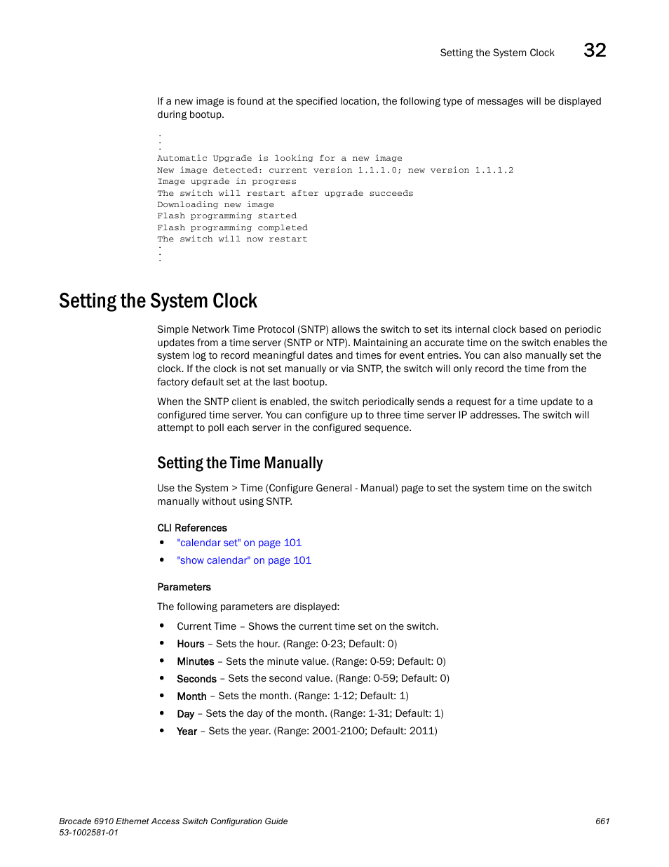 Setting the system clock, Setting the time manually | Brocade Communications Systems Brocate Ethernet Access Switch 6910 User Manual | Page 711 / 1200