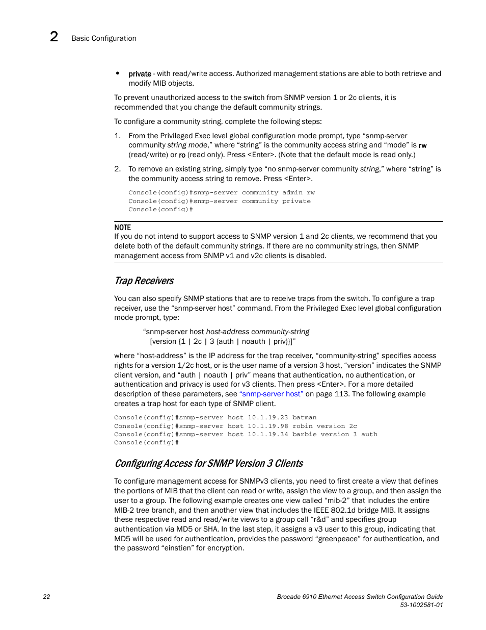 Trap receivers, Configuring access for snmp version 3 clients | Brocade Communications Systems Brocate Ethernet Access Switch 6910 User Manual | Page 72 / 1200