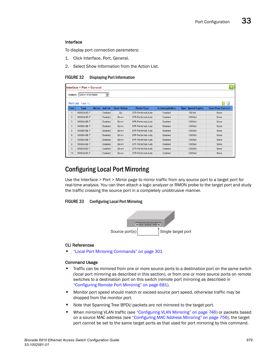 Configuring local port mirroring, Figure 32, Figure 33 | Confi, Local port mirroring | Brocade Communications Systems Brocate Ethernet Access Switch 6910 User Manual | Page 729 / 1200