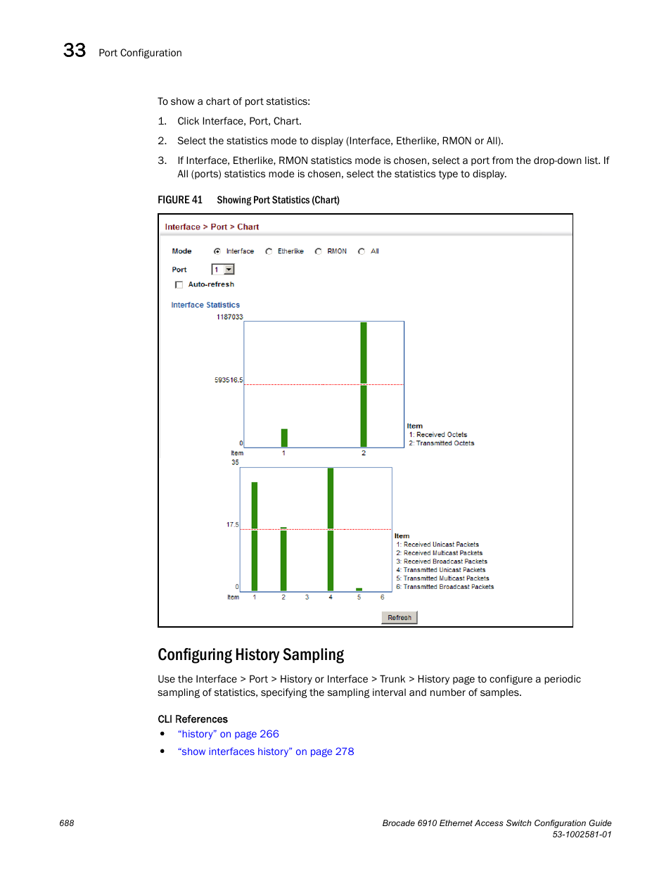 Configuring history sampling, Figure 41, Conf | Brocade Communications Systems Brocate Ethernet Access Switch 6910 User Manual | Page 738 / 1200