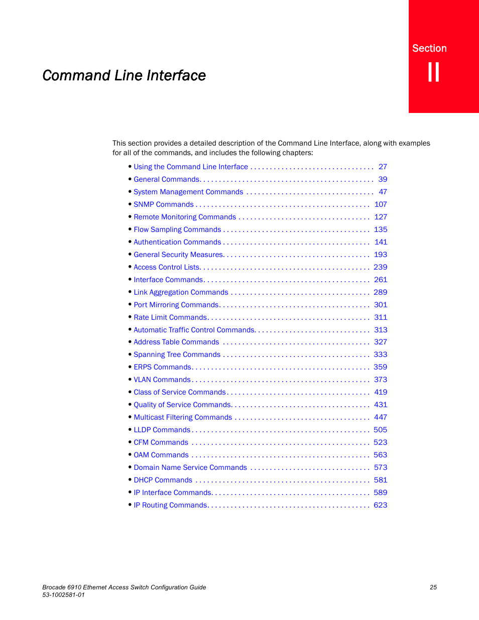 Command line interface, Section ii | Brocade Communications Systems Brocate Ethernet Access Switch 6910 User Manual | Page 75 / 1200