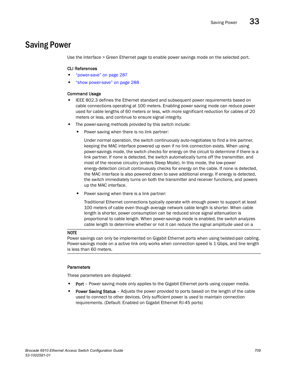 Saving power | Brocade Communications Systems Brocate Ethernet Access Switch 6910 User Manual | Page 759 / 1200