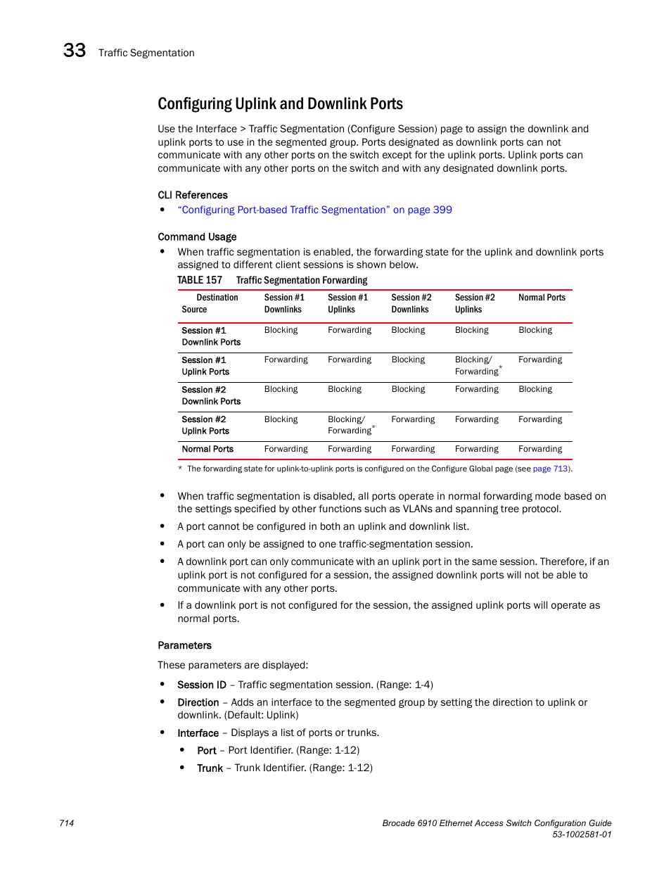 Configuring uplink and downlink ports, Table 157 | Brocade Communications Systems Brocate Ethernet Access Switch 6910 User Manual | Page 764 / 1200