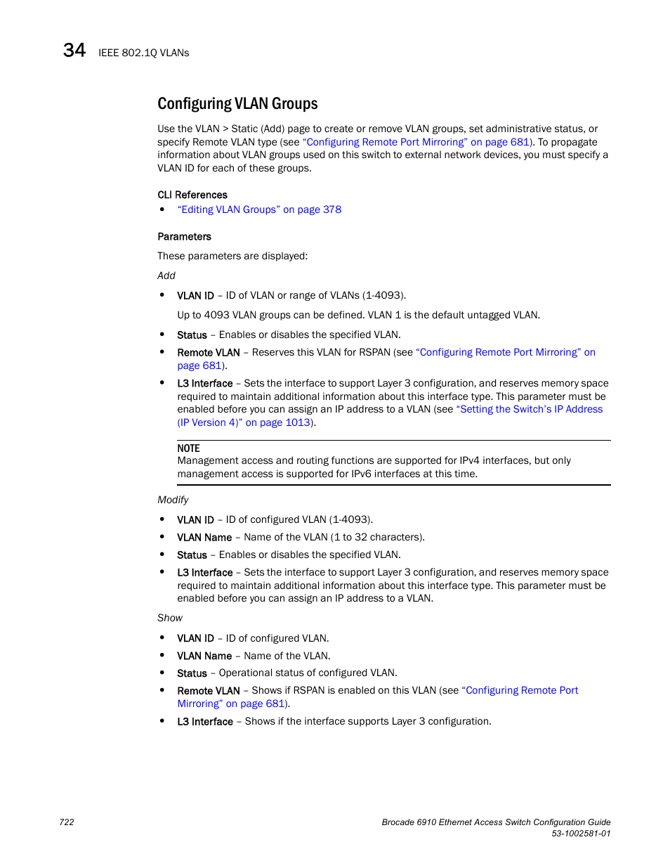 Configuring vlan groups | Brocade Communications Systems Brocate Ethernet Access Switch 6910 User Manual | Page 772 / 1200