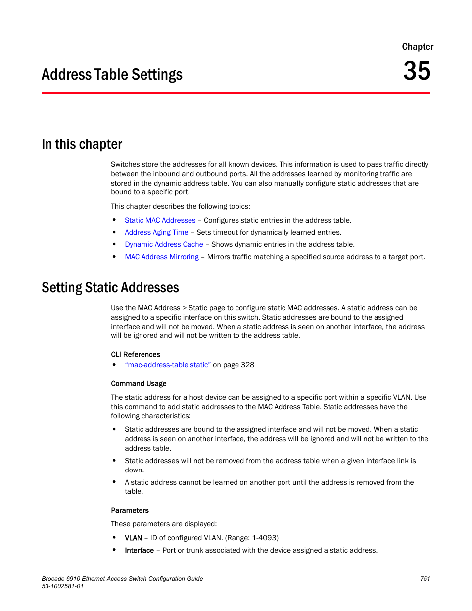 Address table settings, In this chapter, Setting static addresses | Chapter 35 | Brocade Communications Systems Brocate Ethernet Access Switch 6910 User Manual | Page 801 / 1200