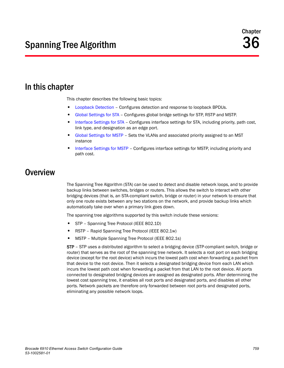 Spanning tree algorithm, In this chapter, Overview | Chapter 36 | Brocade Communications Systems Brocate Ethernet Access Switch 6910 User Manual | Page 809 / 1200