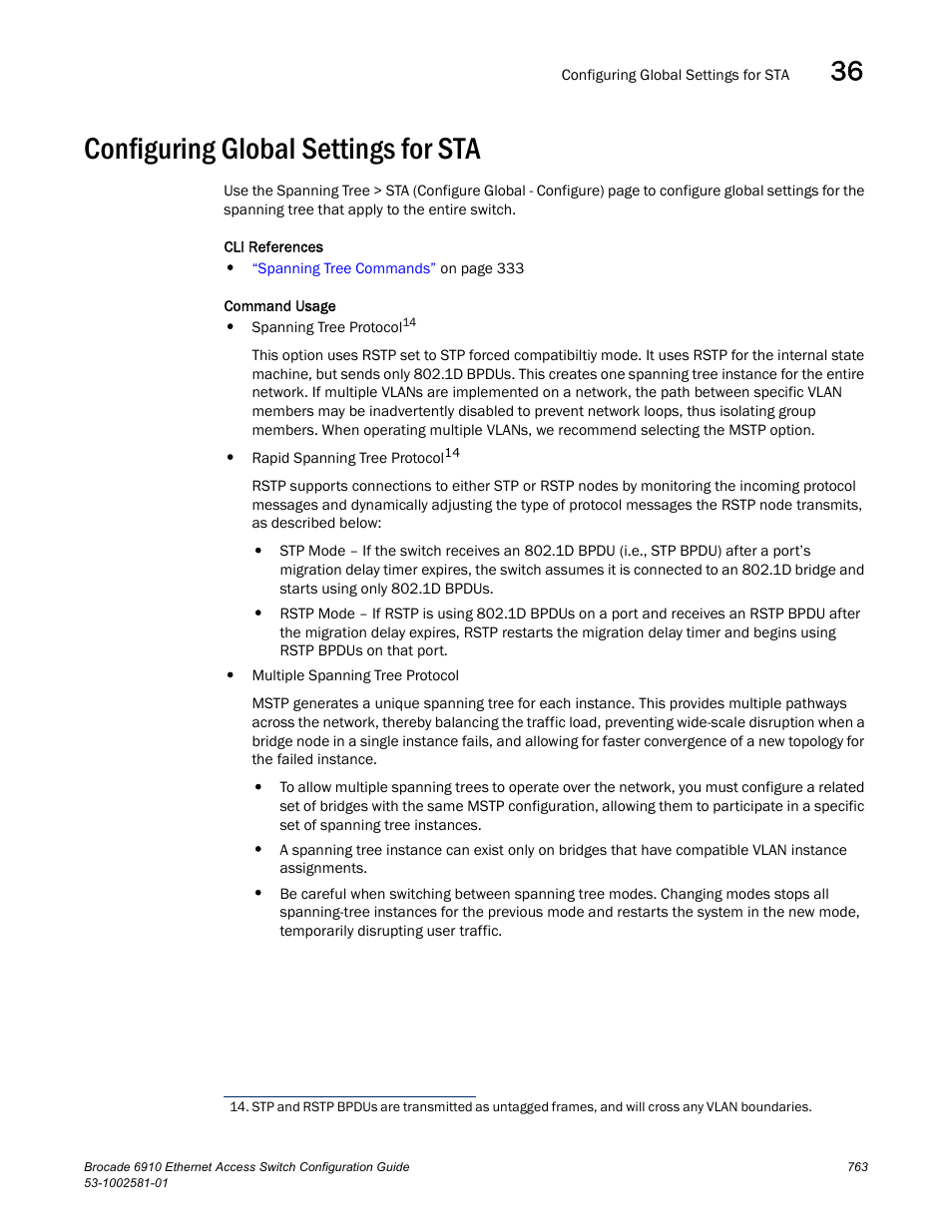 Configuring global settings for sta, Configuring, Global settings for sta | Brocade Communications Systems Brocate Ethernet Access Switch 6910 User Manual | Page 813 / 1200