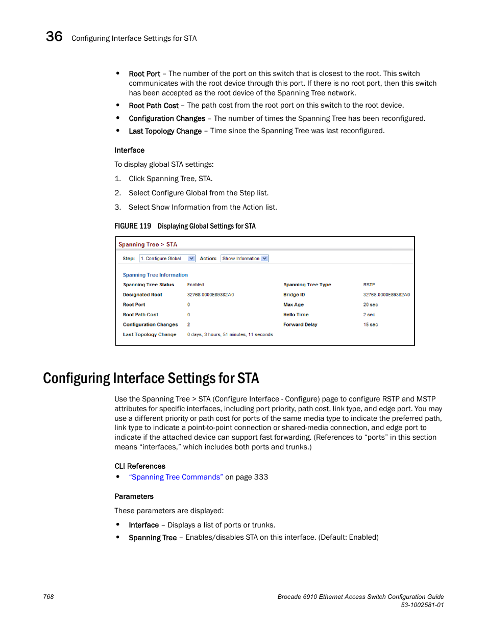 Configuring interface settings for sta, Figure 119 dis, Configuring | Interface settings for sta, Configuring interface, Settings for sta | Brocade Communications Systems Brocate Ethernet Access Switch 6910 User Manual | Page 818 / 1200