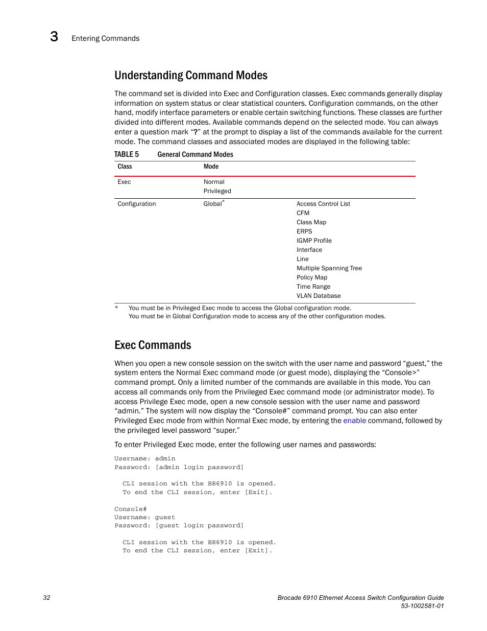 Understanding command modes, Exec commands, Table 5 | Brocade Communications Systems Brocate Ethernet Access Switch 6910 User Manual | Page 82 / 1200