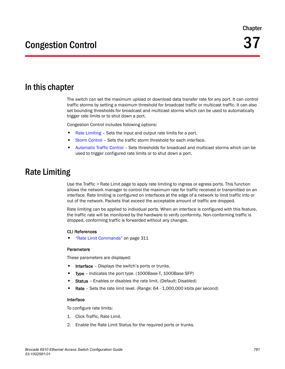 Congestion control, In this chapter, Rate limiting | Chapter 37 | Brocade Communications Systems Brocate Ethernet Access Switch 6910 User Manual | Page 831 / 1200