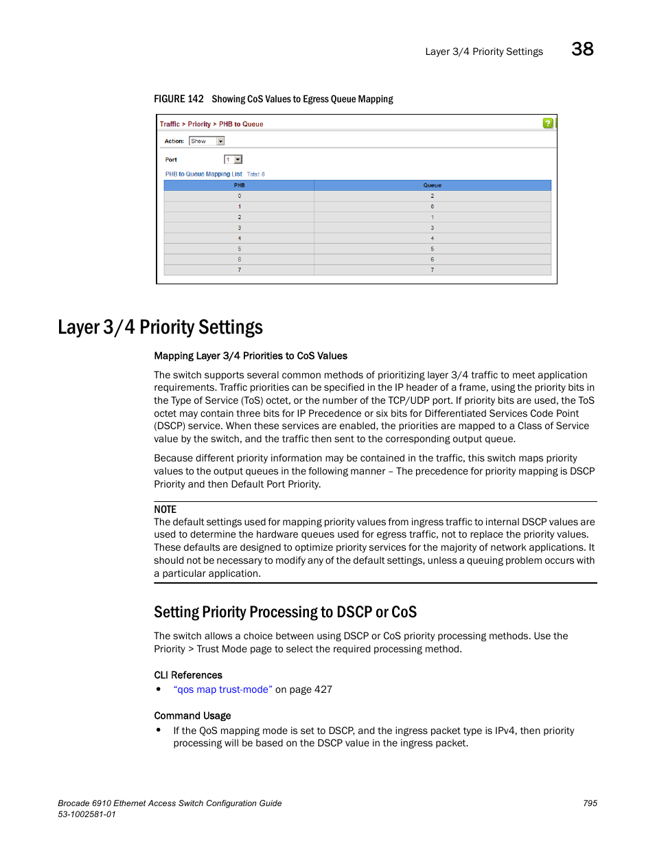 Layer 3/4 priority settings, Setting priority processing to dscp or cos, Figure 142 s | Brocade Communications Systems Brocate Ethernet Access Switch 6910 User Manual | Page 845 / 1200