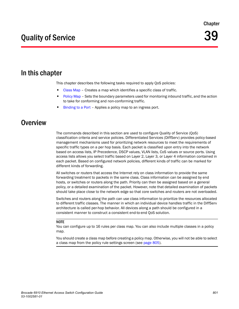Quality of service, In this chapter, Overview | Chapter 39 | Brocade Communications Systems Brocate Ethernet Access Switch 6910 User Manual | Page 851 / 1200