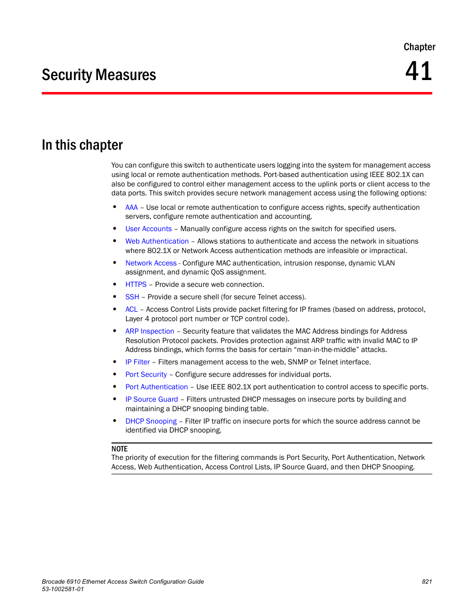 Security measures, In this chapter, Chapter 41 | Chapter | Brocade Communications Systems Brocate Ethernet Access Switch 6910 User Manual | Page 871 / 1200