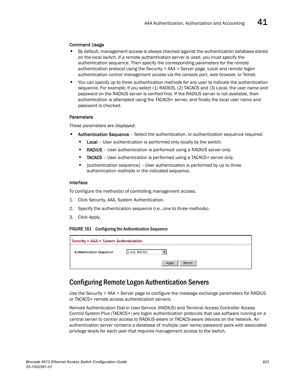 Configuring remote logon authentication servers, Figure 161 confi | Brocade Communications Systems Brocate Ethernet Access Switch 6910 User Manual | Page 873 / 1200