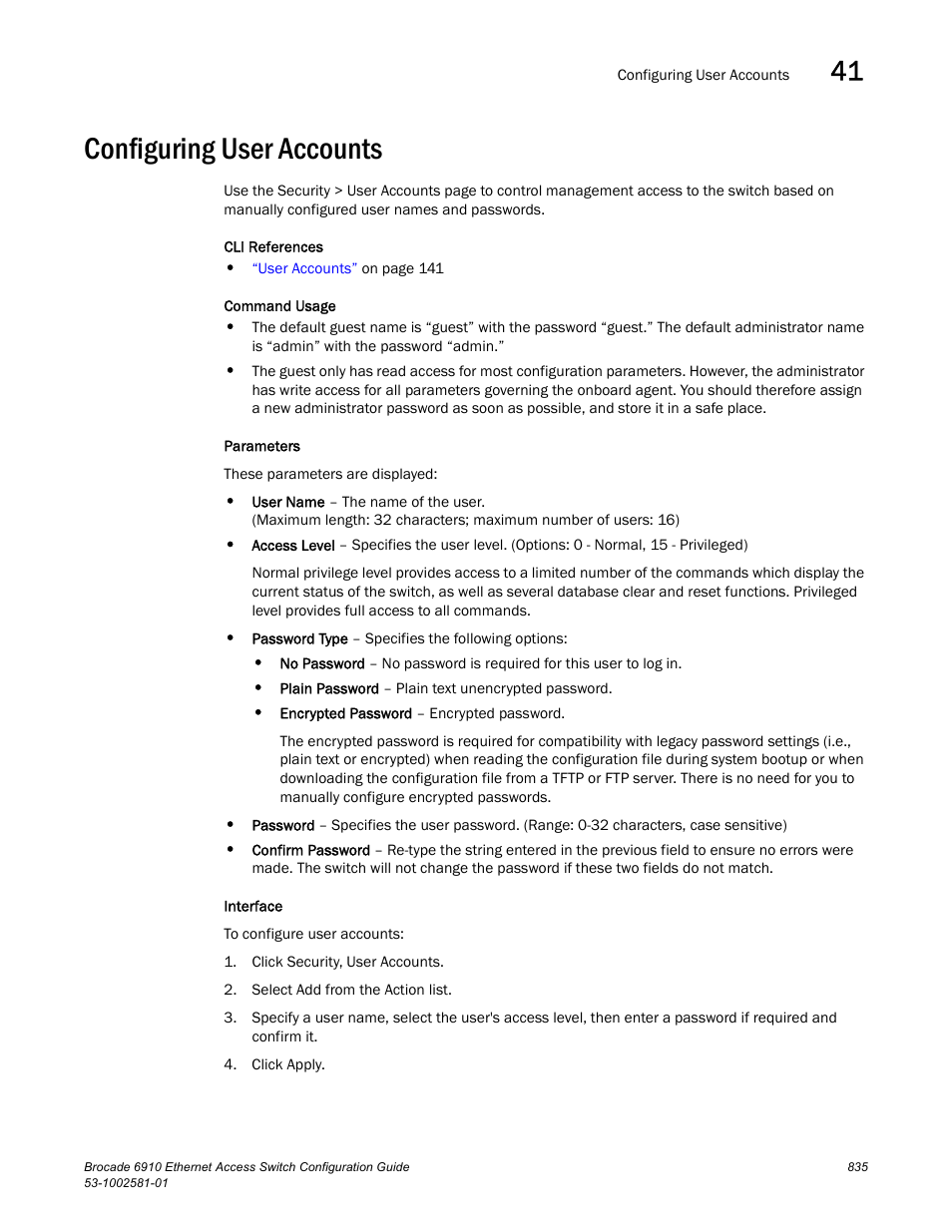 Configuring user accounts, User accounts | Brocade Communications Systems Brocate Ethernet Access Switch 6910 User Manual | Page 885 / 1200