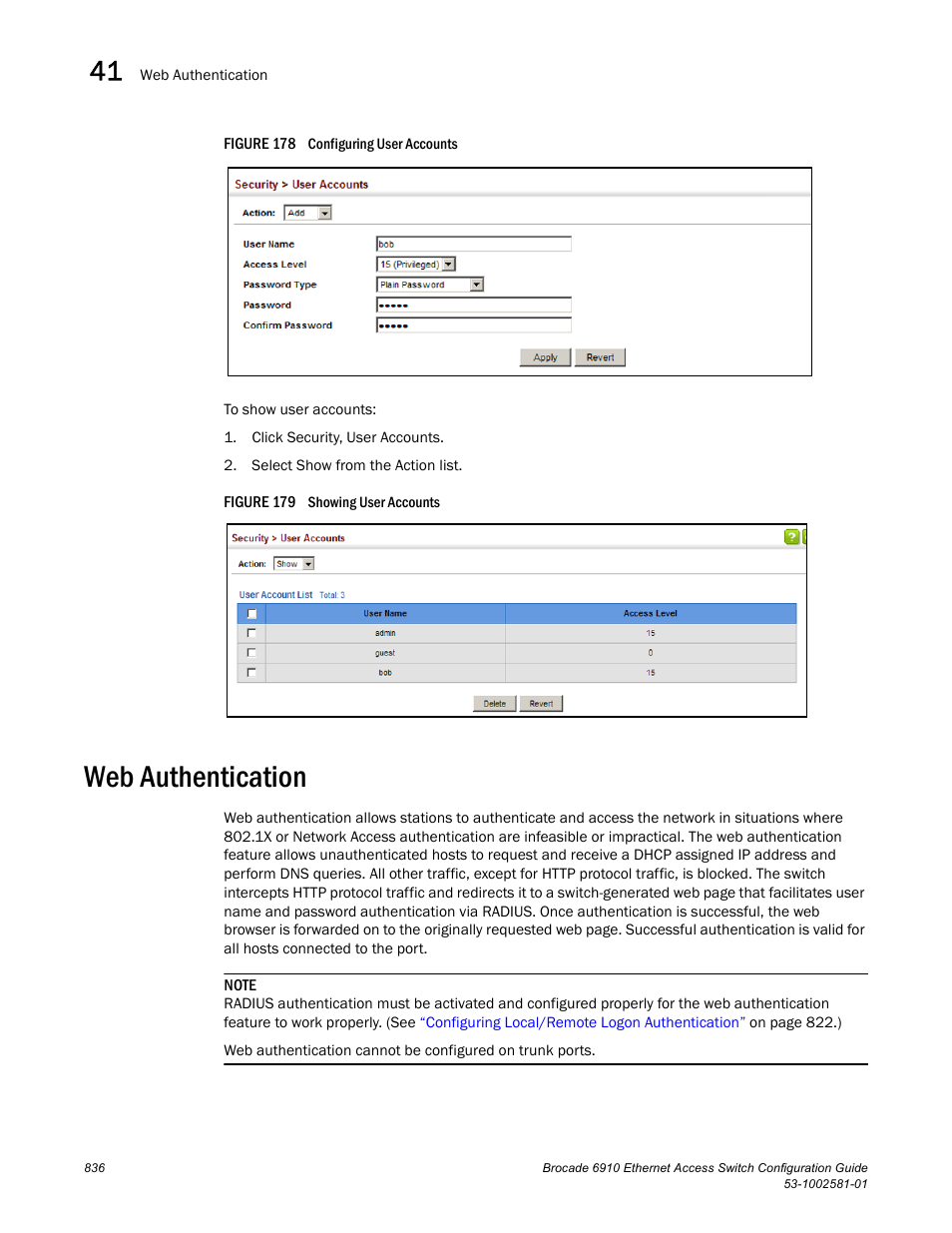 Web authentication, Figure 178 confi, Figure 179 s | Brocade Communications Systems Brocate Ethernet Access Switch 6910 User Manual | Page 886 / 1200