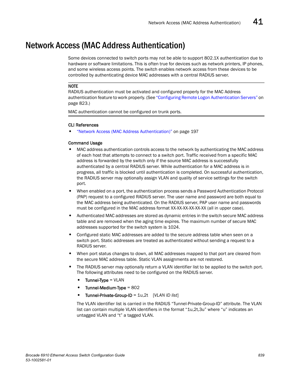 Network access (mac address authentication), Network access | Brocade Communications Systems Brocate Ethernet Access Switch 6910 User Manual | Page 889 / 1200