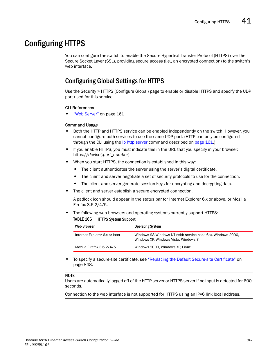 Configuring https, Configuring global settings for https, Table 166 | Https | Brocade Communications Systems Brocate Ethernet Access Switch 6910 User Manual | Page 897 / 1200