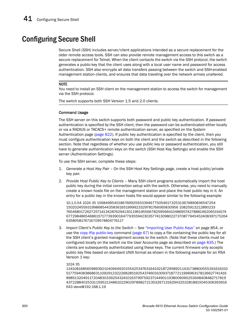 Configuring secure shell | Brocade Communications Systems Brocate Ethernet Access Switch 6910 User Manual | Page 900 / 1200