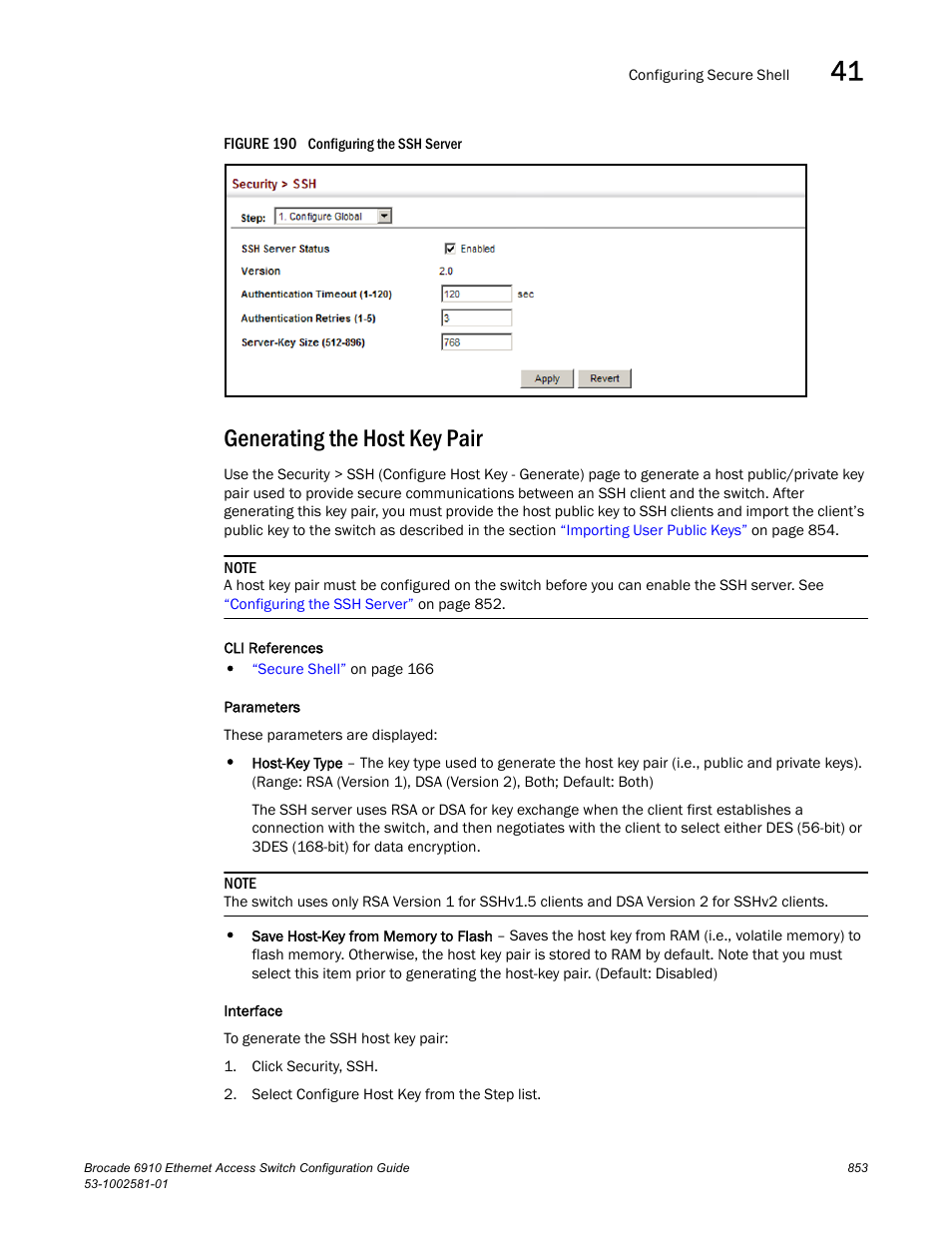 Generating the host key pair, Figure 190 confi | Brocade Communications Systems Brocate Ethernet Access Switch 6910 User Manual | Page 903 / 1200