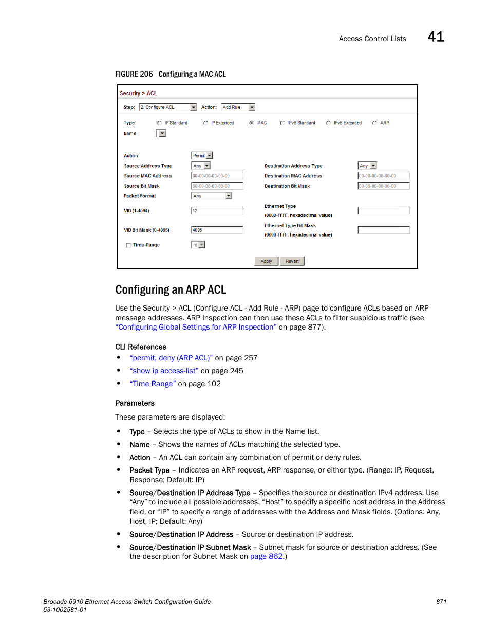 Configuring an arp acl, Figure 206 confi | Brocade Communications Systems Brocate Ethernet Access Switch 6910 User Manual | Page 921 / 1200