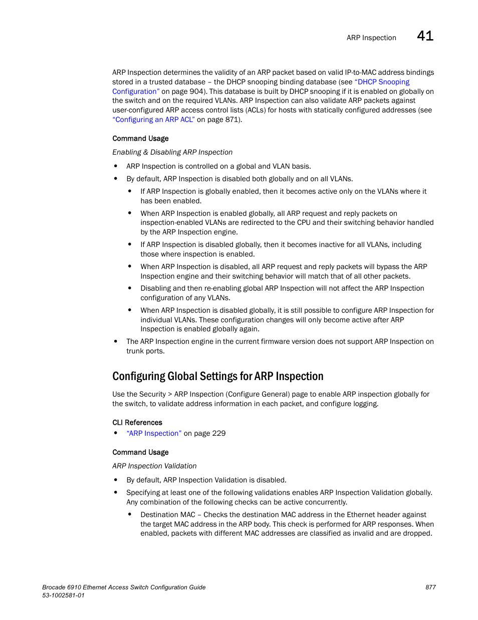 Configuring global settings for arp inspection | Brocade Communications Systems Brocate Ethernet Access Switch 6910 User Manual | Page 927 / 1200