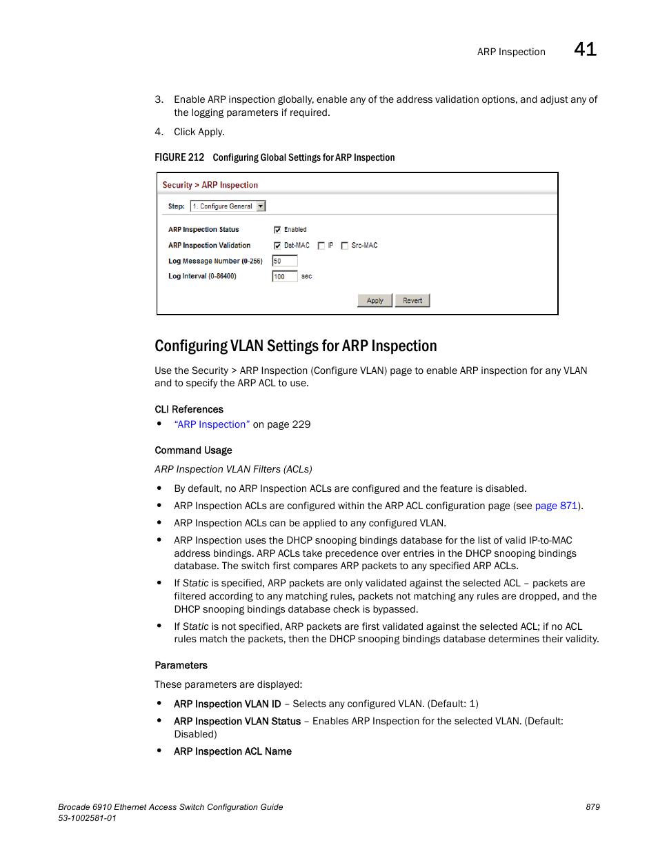 Configuring vlan settings for arp inspection, Figure 212 confi | Brocade Communications Systems Brocate Ethernet Access Switch 6910 User Manual | Page 929 / 1200
