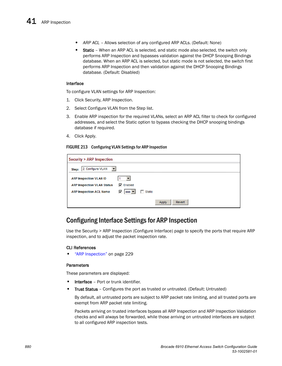 Configuring interface settings for arp inspection, Figure 213 confi | Brocade Communications Systems Brocate Ethernet Access Switch 6910 User Manual | Page 930 / 1200