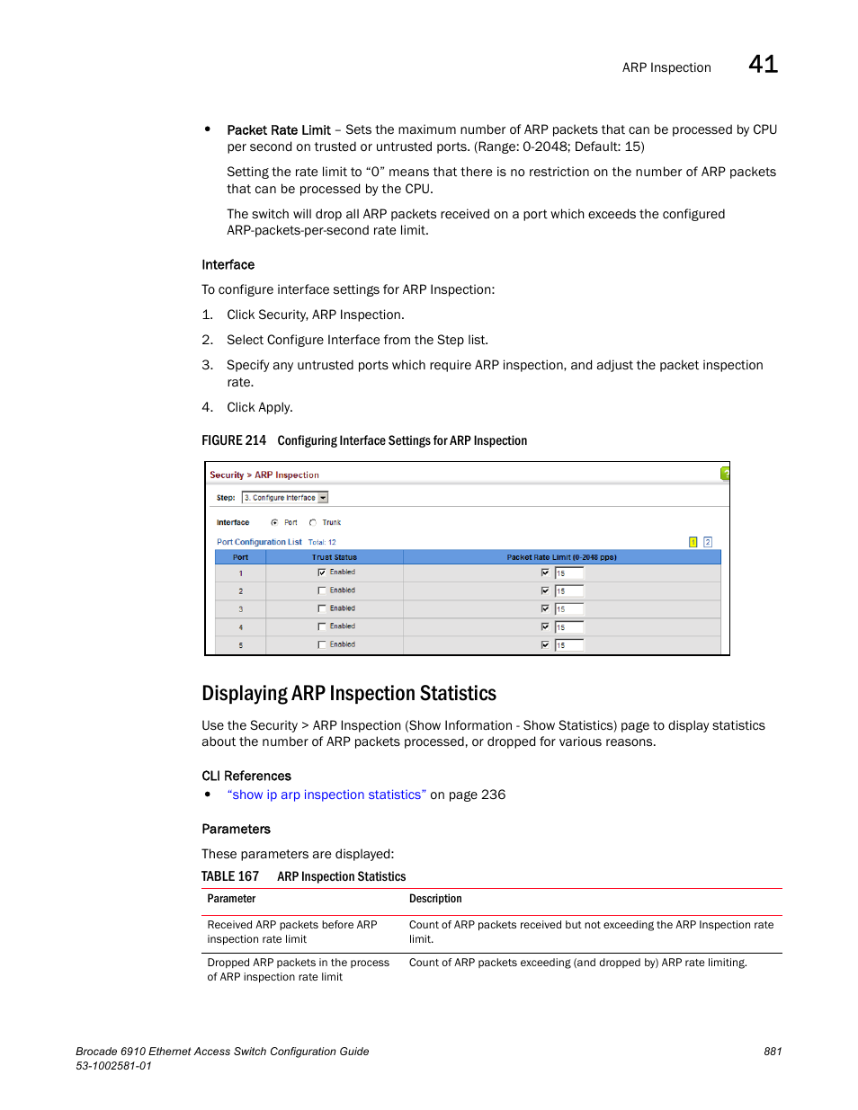 Displaying arp inspection statistics, Figure 214 c, Table 167 | Brocade Communications Systems Brocate Ethernet Access Switch 6910 User Manual | Page 931 / 1200