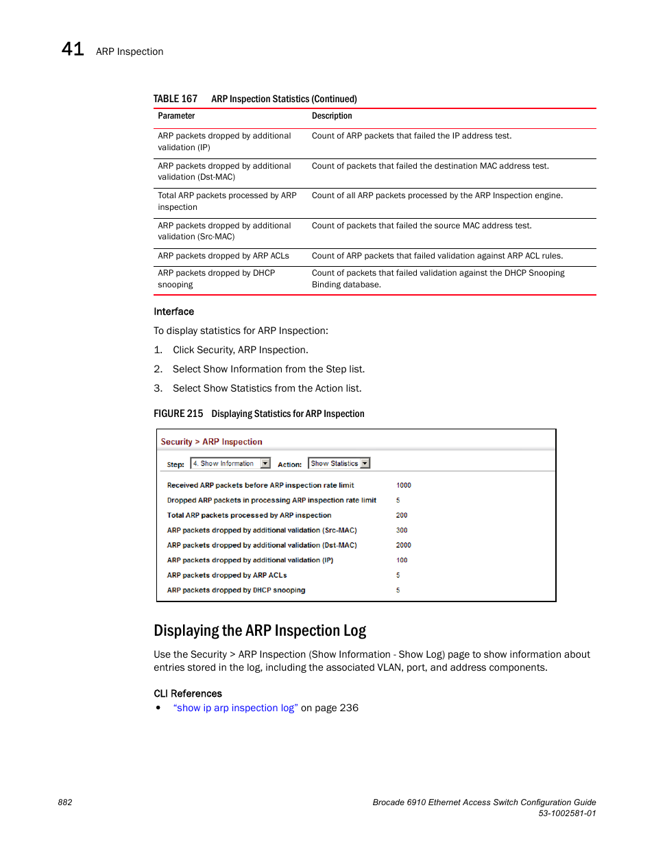 Displaying the arp inspection log, Figure 215 dis | Brocade Communications Systems Brocate Ethernet Access Switch 6910 User Manual | Page 932 / 1200