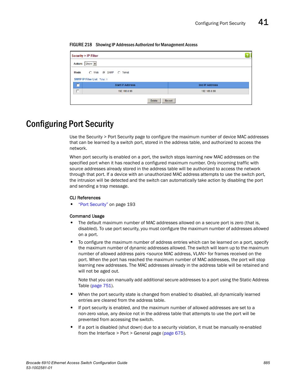 Configuring port security, Figure 218 s, Port security | Brocade Communications Systems Brocate Ethernet Access Switch 6910 User Manual | Page 935 / 1200