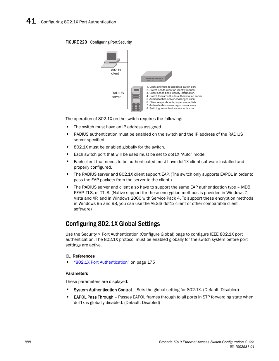 Configuring 802.1x global settings, Figure 220 confi | Brocade Communications Systems Brocate Ethernet Access Switch 6910 User Manual | Page 938 / 1200