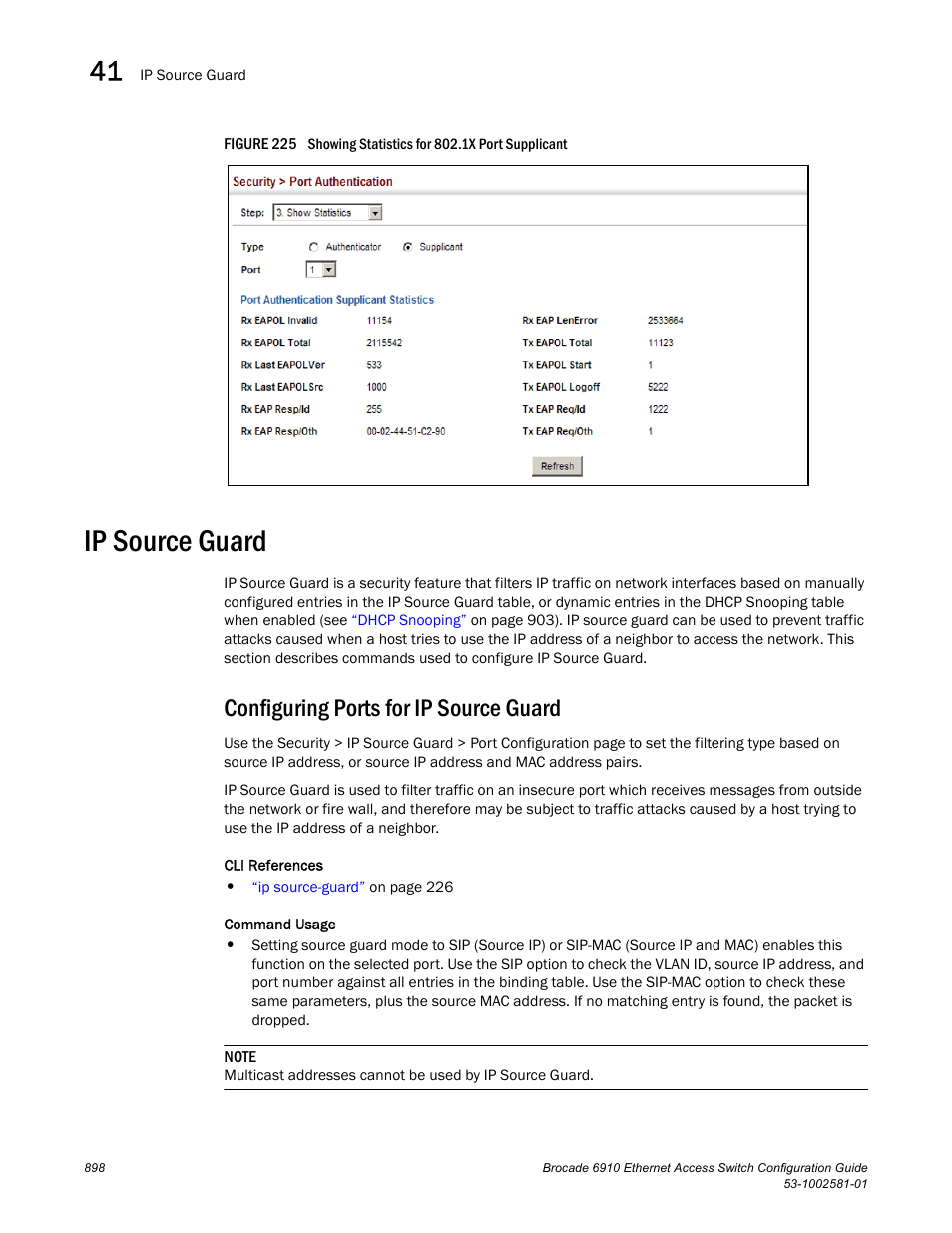 Ip source guard, Configuring ports for ip source guard, Figure 225 s | Brocade Communications Systems Brocate Ethernet Access Switch 6910 User Manual | Page 948 / 1200