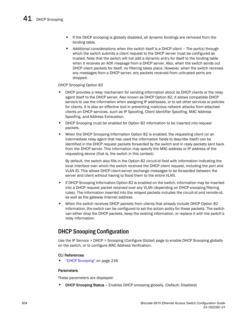 Dhcp snooping configuration, Dhcp snooping, Configuration | Brocade Communications Systems Brocate Ethernet Access Switch 6910 User Manual | Page 954 / 1200