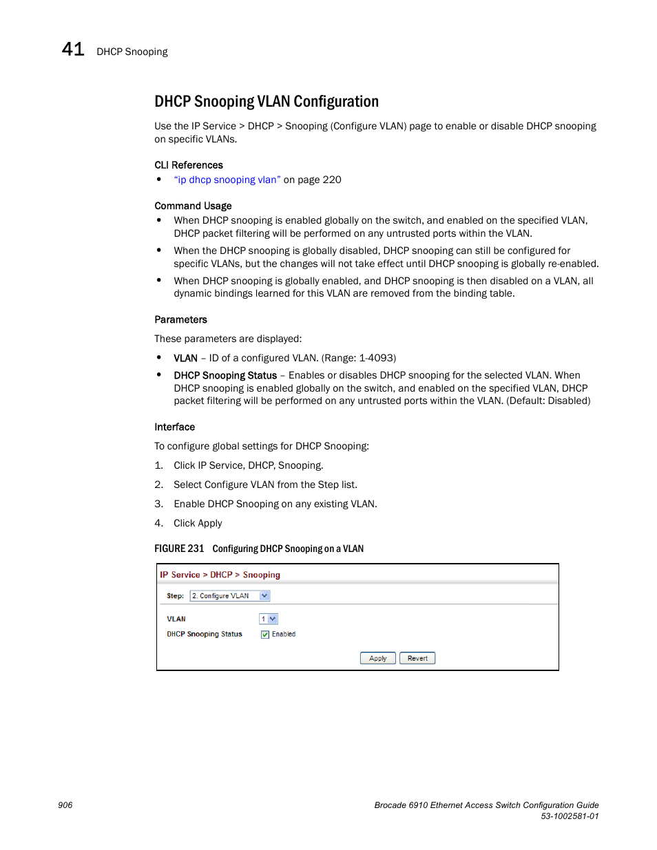 Dhcp snooping vlan configuration, Figure 231 confi | Brocade Communications Systems Brocate Ethernet Access Switch 6910 User Manual | Page 956 / 1200