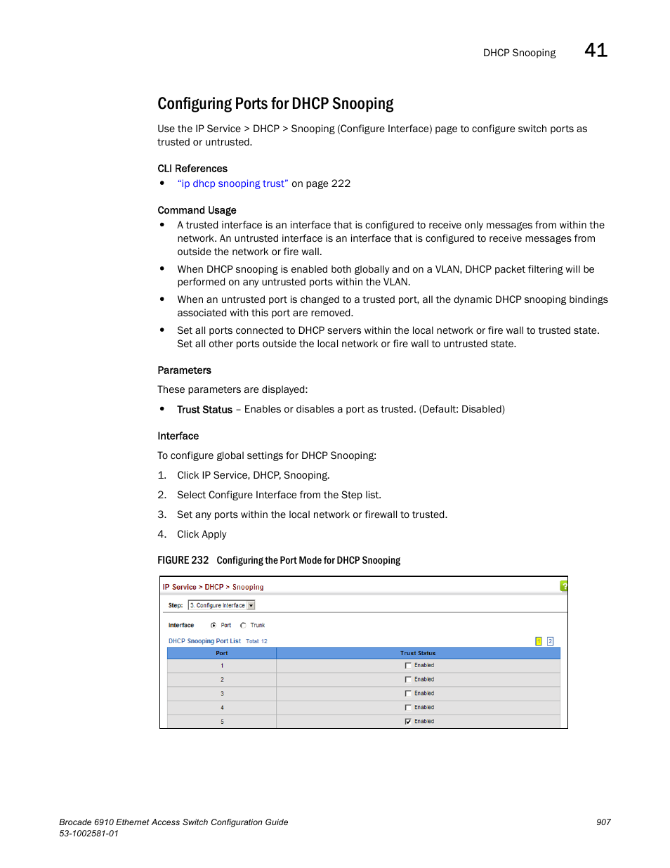 Configuring ports for dhcp snooping, Figure 232 confi | Brocade Communications Systems Brocate Ethernet Access Switch 6910 User Manual | Page 957 / 1200