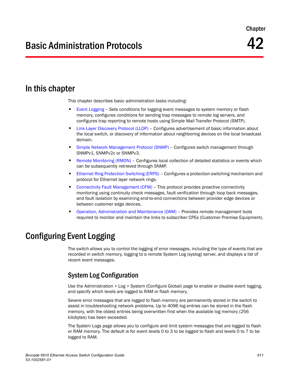 Basic administration protocols, In this chapter, Configuring event logging | System log configuration, Chapter 42 | Brocade Communications Systems Brocate Ethernet Access Switch 6910 User Manual | Page 961 / 1200