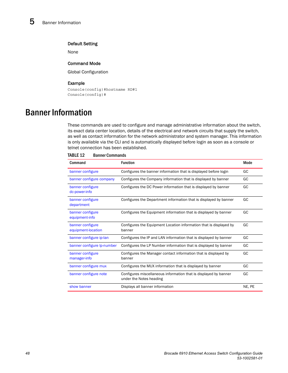 Banner information, Table 12 | Brocade Communications Systems Brocate Ethernet Access Switch 6910 User Manual | Page 98 / 1200