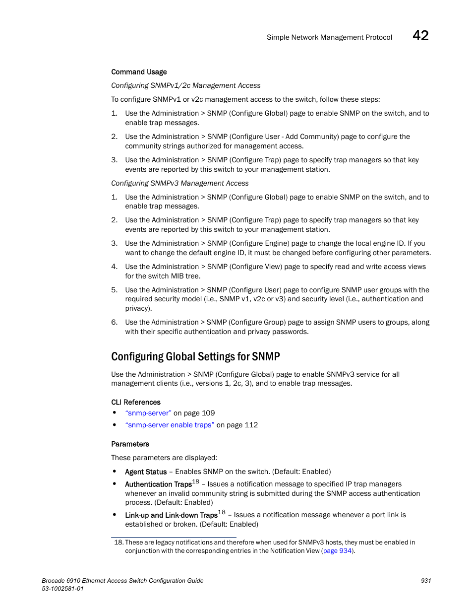 Configuring global settings for snmp | Brocade Communications Systems Brocate Ethernet Access Switch 6910 User Manual | Page 981 / 1200