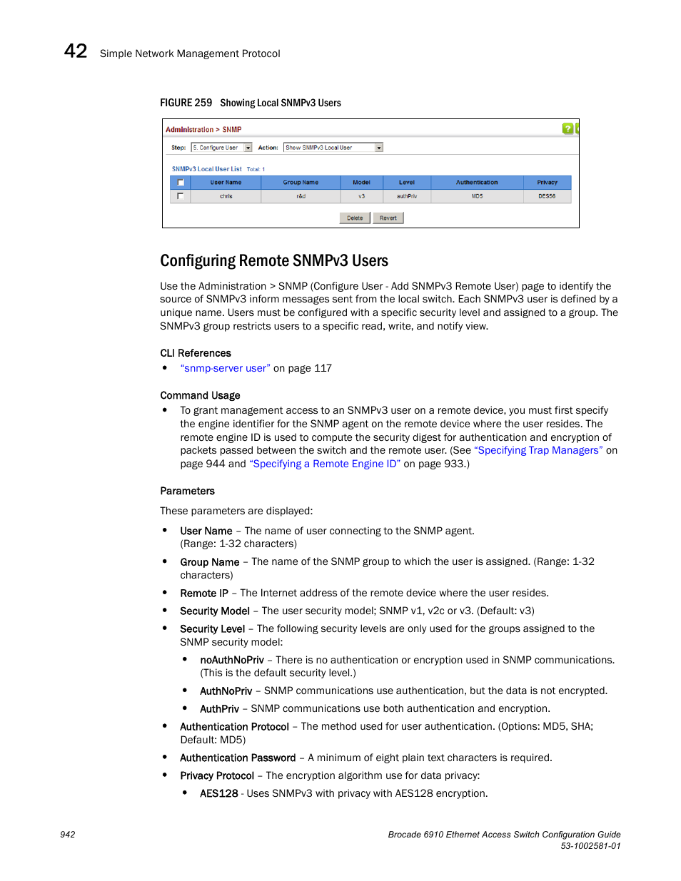 Configuring remote snmpv3 users, Figure 259 s, Configuring | Remote snmpv3 users | Brocade Communications Systems Brocate Ethernet Access Switch 6910 User Manual | Page 992 / 1200