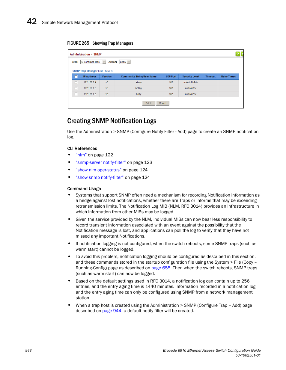 Creating snmp notification logs, Figure 265 s | Brocade Communications Systems Brocate Ethernet Access Switch 6910 User Manual | Page 998 / 1200