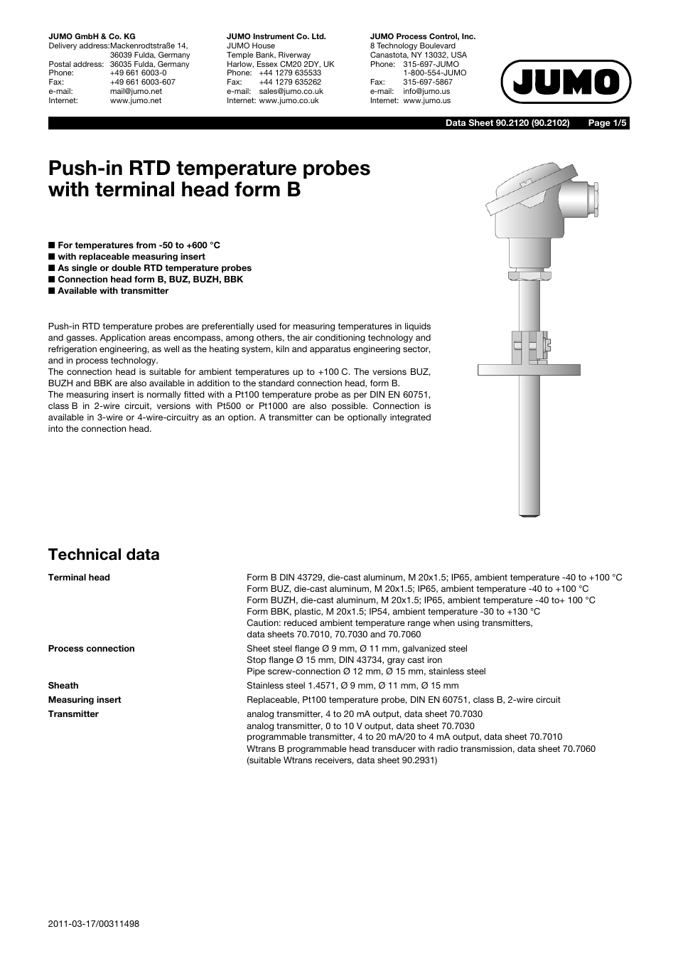 JUMO 902120 Push-in RTD Temperature Probe with Form B Terminal Head Data Sheet User Manual | 5 pages