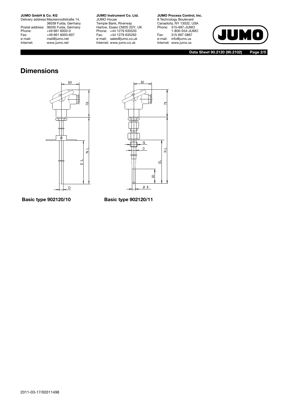 Dimensions | JUMO 902120 Push-in RTD Temperature Probe with Form B Terminal Head Data Sheet User Manual | Page 2 / 5