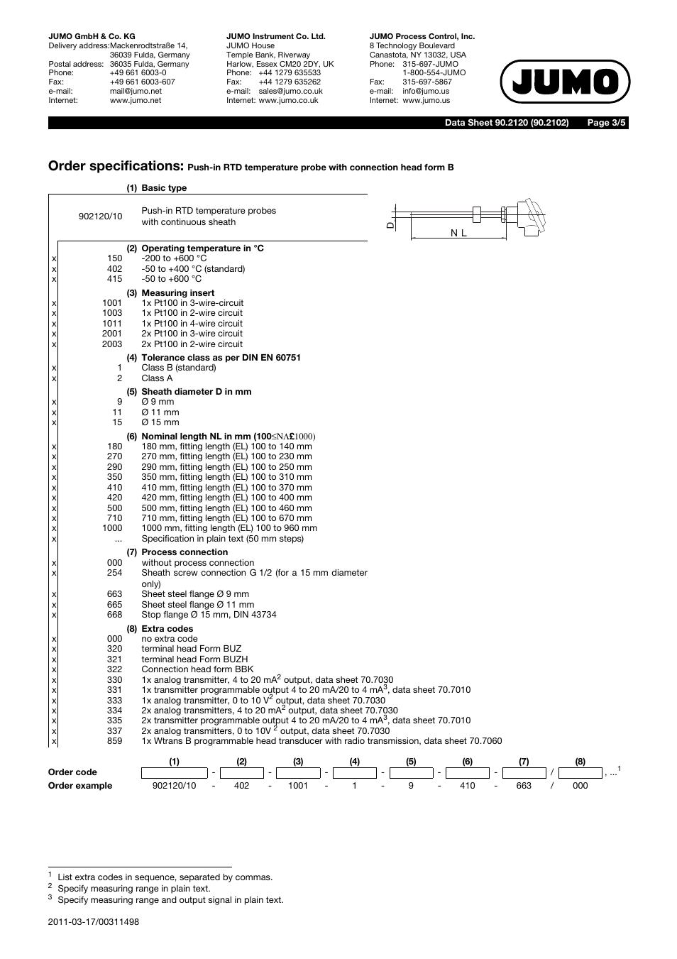 Order specifications | JUMO 902120 Push-in RTD Temperature Probe with Form B Terminal Head Data Sheet User Manual | Page 3 / 5