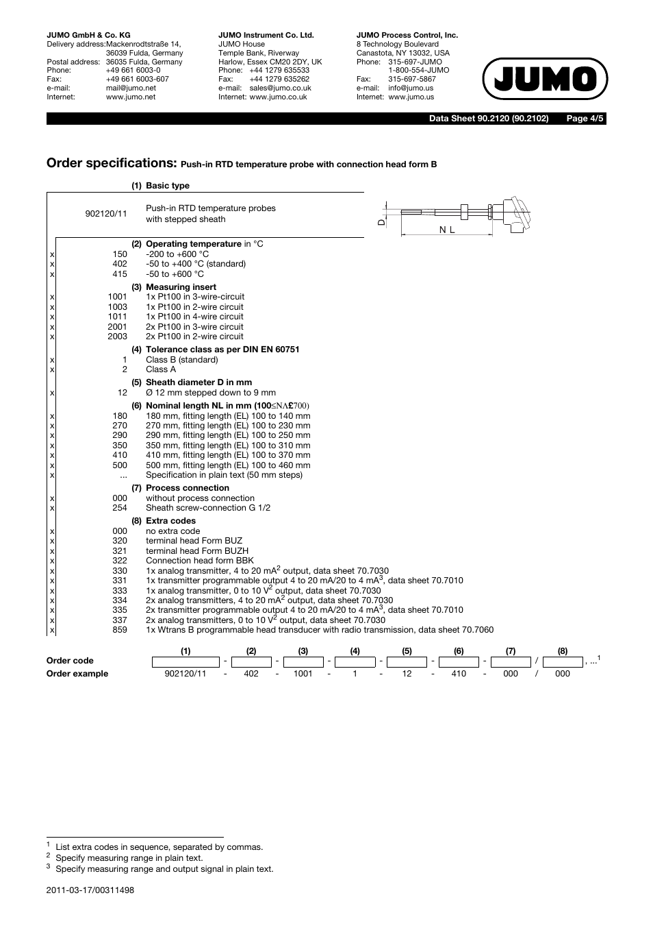 Order specifications | JUMO 902120 Push-in RTD Temperature Probe with Form B Terminal Head Data Sheet User Manual | Page 4 / 5