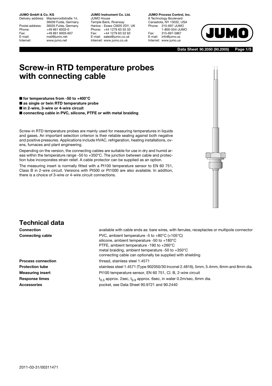 JUMO 902050 Screw-In RTD Temperature Probe with Connecting Cable Data Sheet User Manual | 5 pages