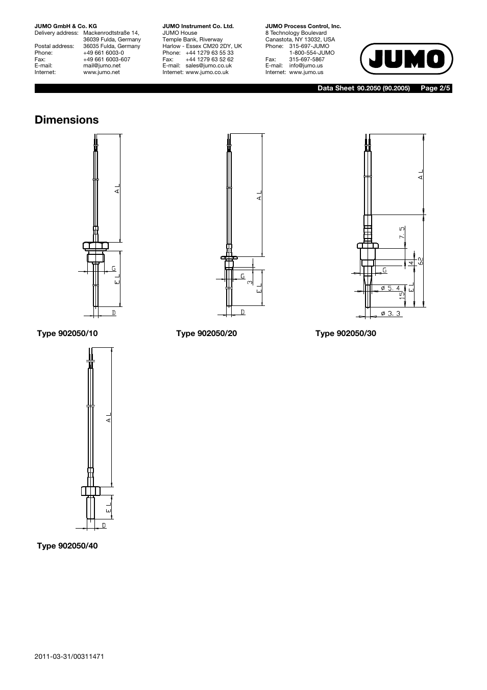Dimensions | JUMO 902050 Screw-In RTD Temperature Probe with Connecting Cable Data Sheet User Manual | Page 2 / 5
